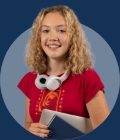 A Level student on a dark blue background.